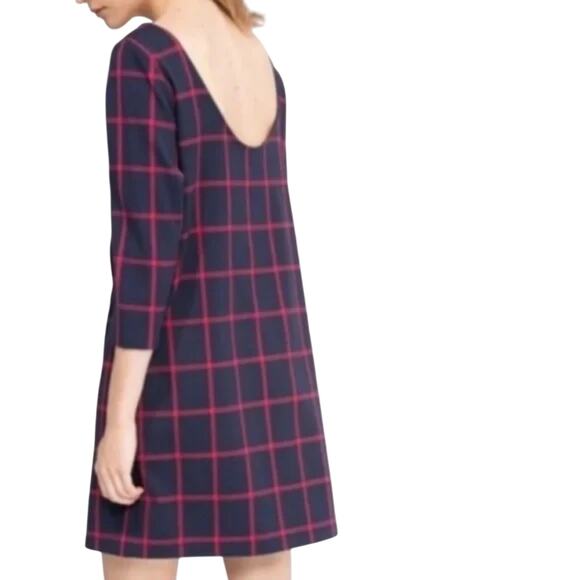 MNG By Mango Womens Size XXS Navy Red Check 3/4 Sleeve Shift Mini Dress NWT - Picture 3 of 14